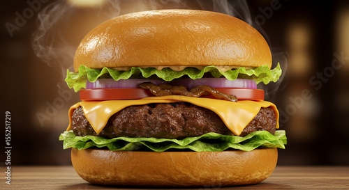 Juicy, Melty Cheese Burger Steaming Hot on Rustic Wood