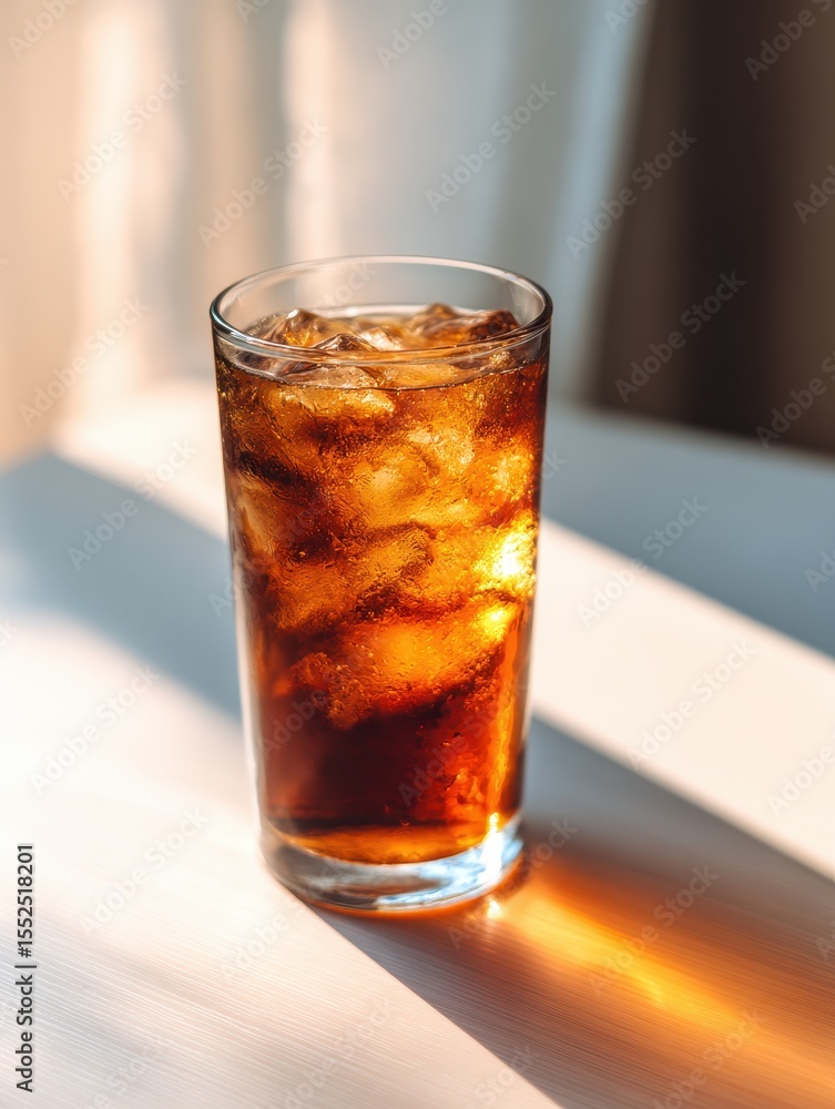Refreshing glass of iced cola on a sunlit table with soft shadows in the background Refreshing glass of iced cola on a sunlit table with soft shadows in the background