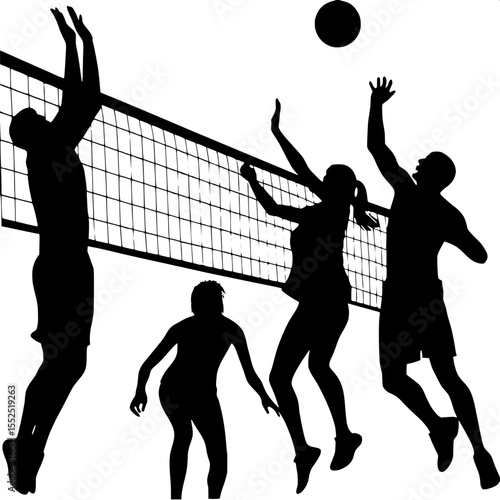 Flat silhouette art showing a variety of volleyball actions performed by male and female players in different positions, including front, middle, and back court, plain white background, simple and gra