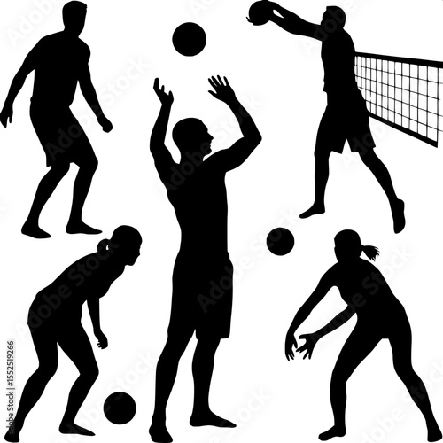 Flat silhouette art showing a variety of volleyball actions performed by male and female players in different positions, including front, middle, and back court, plain white background, simple and gra