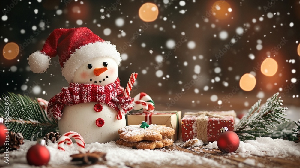 Obraz premium Festively decorated snowman wearing a red scarf and hat, surrounded by gingerbread cookies, candy canes, ornaments, and a snowy, wintry backdrop perfect for holiday cheer.