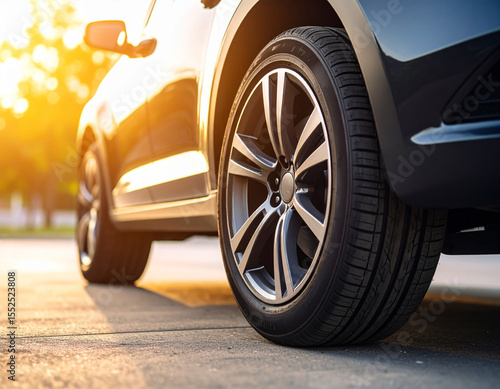 Close-Up of Car Wheel Detail Outdoors – Modern Vehicle Tire on Street Surface

