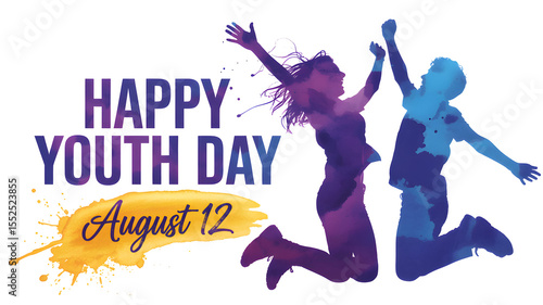 Happy youth day august twelfth with silhouettes of people jumping in the air and a gold banner