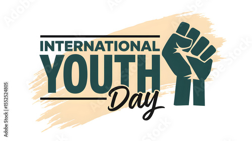 International youth day graphic with raised fist symbol on a beige and black background