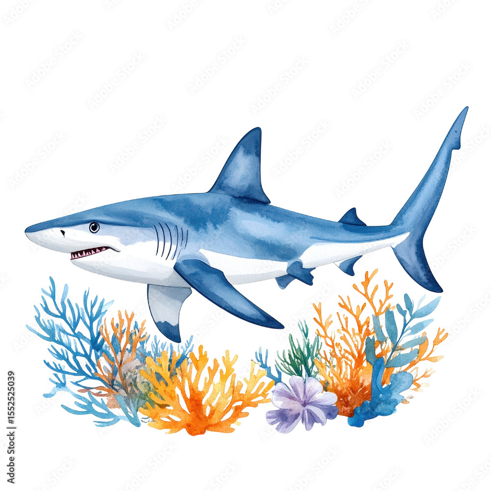 Obraz premium Shark swimming among colorful coral reefs. cut out. transparent background