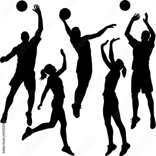 "Black and white silhouette illustration of male and female volleyball players in mid-action, including spiking, blocking, diving, and receiving, arranged across a white background in dynamic poses, m