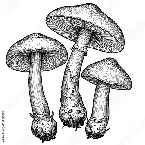 Isolated Transparent Background Three Mushroom Fungus Vintage Illustration