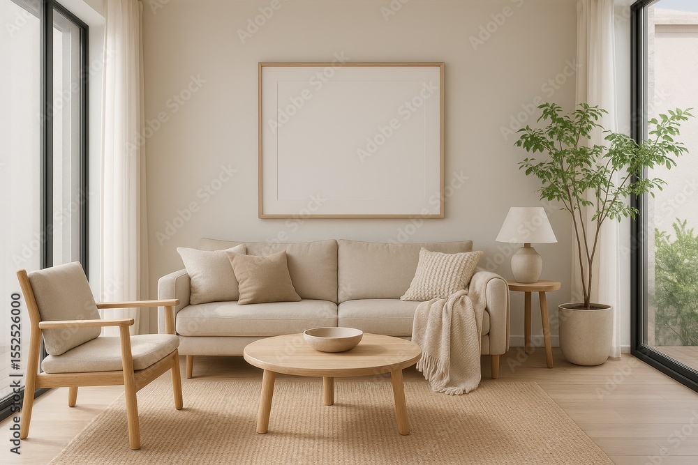 Obraz premium Modern Scandinavian living room with minimalist poster frame and natural lighting