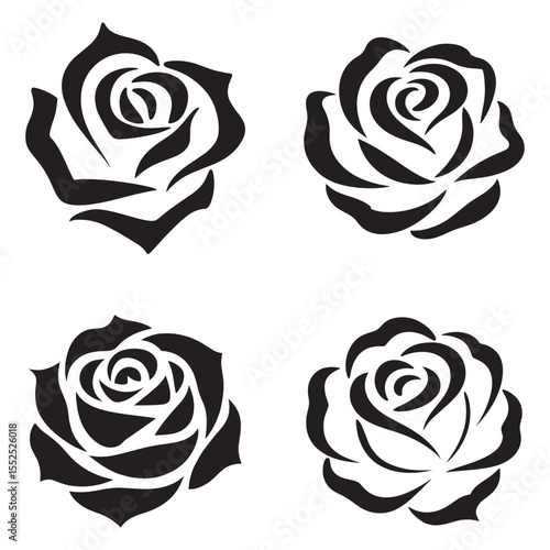 Elegant Rose Silhouette Collection Four Stunning Black and White Floral Designs for Creative Projects and Artistic Inspirations
