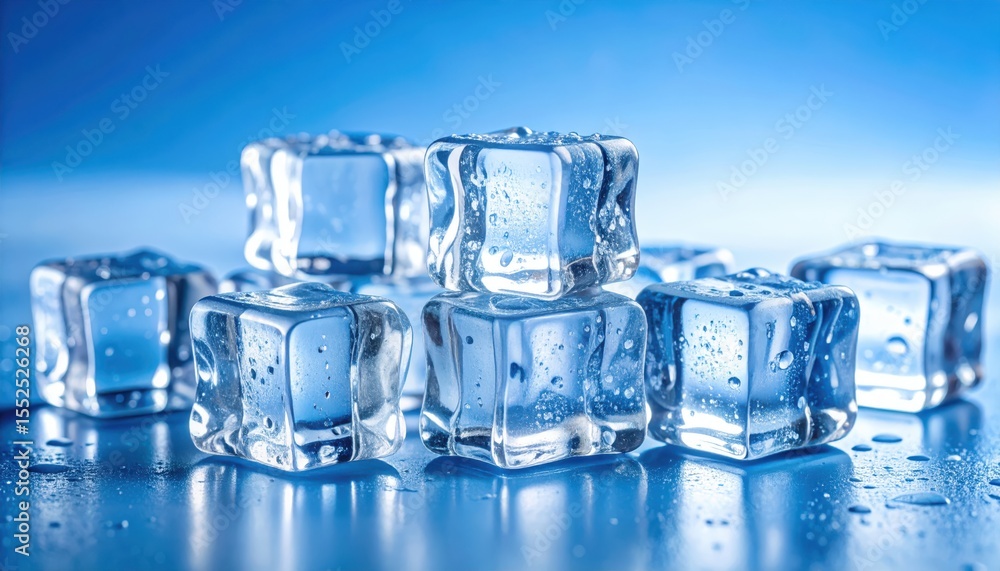 Cool Cubes: Transparent ice cubes arranged atop a sleek, reflective surface against a cool blue backdrop, creating a refreshing visual Cool Cubes: Transparent ice cubes arranged atop a sleek, reflective surface against a cool blue backdrop, creating a refreshing visual