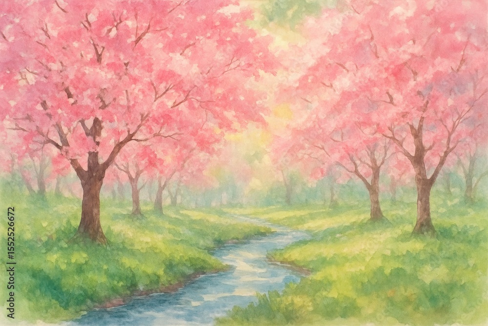 Delicate watercolor painting of spring garden with blooming cherry blossoms and gentle stream flowing through peaceful landscape Delicate watercolor painting of spring garden with blooming cherry blossoms and gentle stream flowing through peaceful landscape