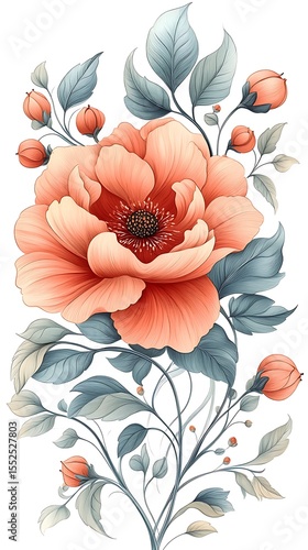 Peach floral design shows large bloom and smaller buds set against white transparent backdrop