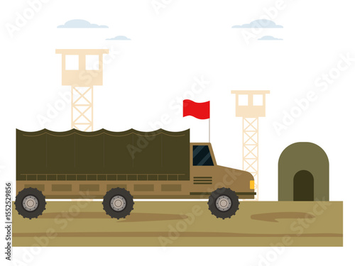 Army area with cars transporting soldiers and tents for physical training. War illustration. Flat vector illustration.