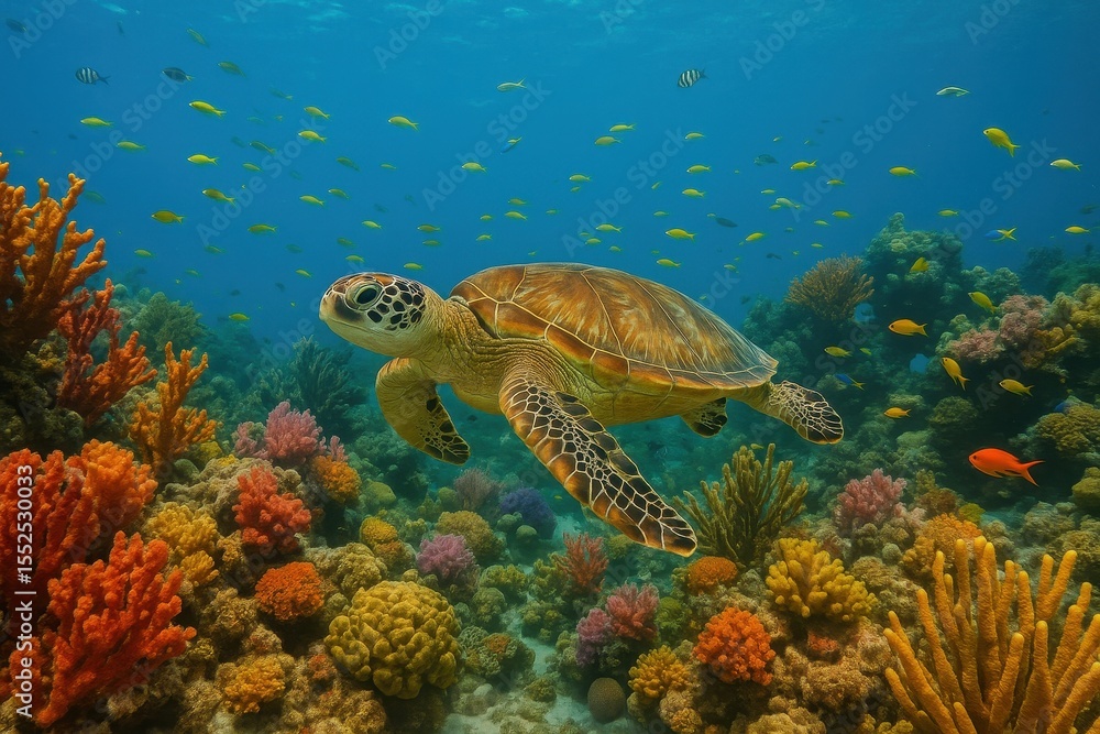 Obraz premium Majestic sea turtle gracefully swimming among vibrant coral reef ecosystem with tropical fish in crystal-clear turquoise waters