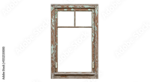 Isolated Old Wooden Window Frame With Rustic Weathered Texture