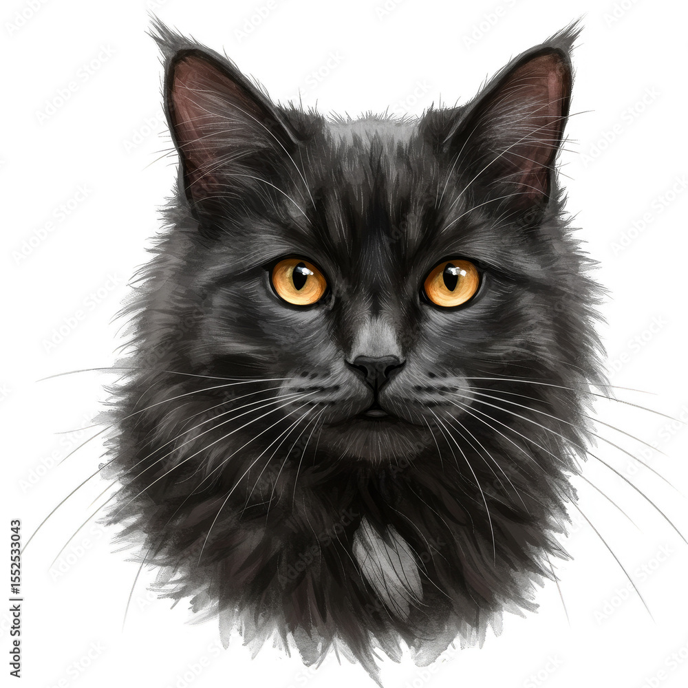 Realistic Black Cat Portrait Illustration With Transparent Background Realistic Black Cat Portrait Illustration With Transparent Background