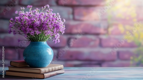 Purple Flowers in Blue Vase on Stack of Books Against Brick Wall Background