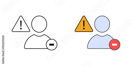 Account suspension icon with user avatar, minus sign, and alert triangle, in outline and color styles, perfect for illustrating account restriction, user access suspension, and IT security enforcement