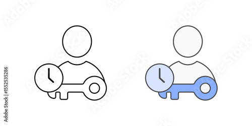 Temporary access granted icon with user, clock, and key, in outline and color styles, ideal for illustrating limited-time permissions, temporary account access, and IT security workflows.
