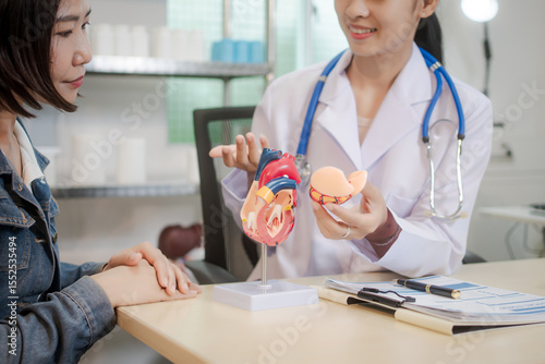 A young Asian female doctor consults with a patient seated across the desk. Using a heart model, she explains cardiovascular health conditions, offering guidance and support in calm clinical setting