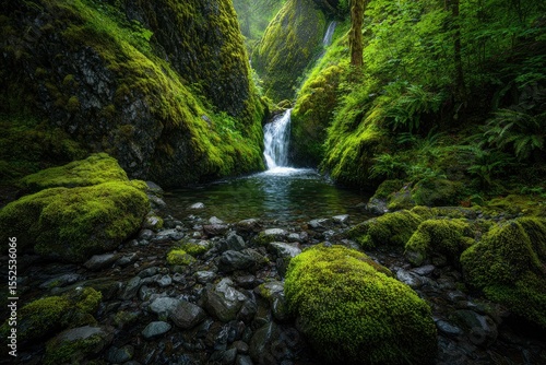 Lush greenery envelops a serene waterfall cascading into a moss-covered pool, nestled within a tranquil, shadowy gorge