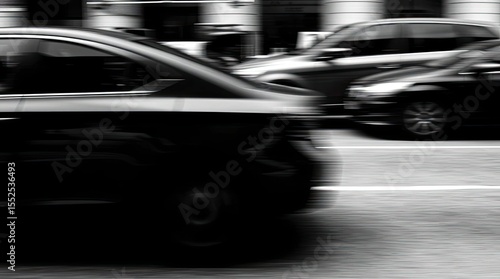 A candid street photograph depicting a jet-black car in motion, blurred for effect, showcasing deep shadows and spontaneous urban moments in pure black and white