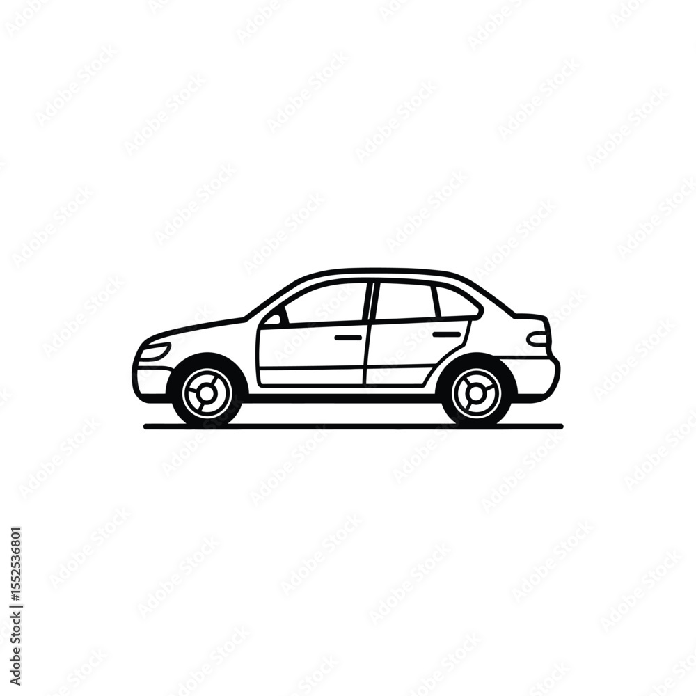 Fototapeta premium Black and White Line Drawing of a Sedan Car Side View Simple Icon