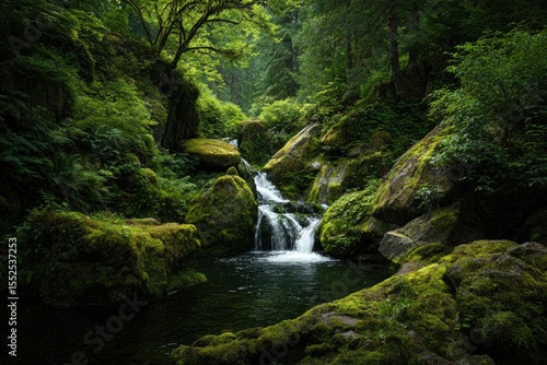 Lush greenery envelops a tranquil waterfall cascading into a moss-covered pool, creating a serene forest scene