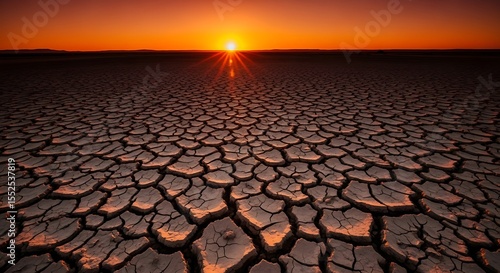 A cracked earth landscape under a vibrant orange sunset with a clear horizon
