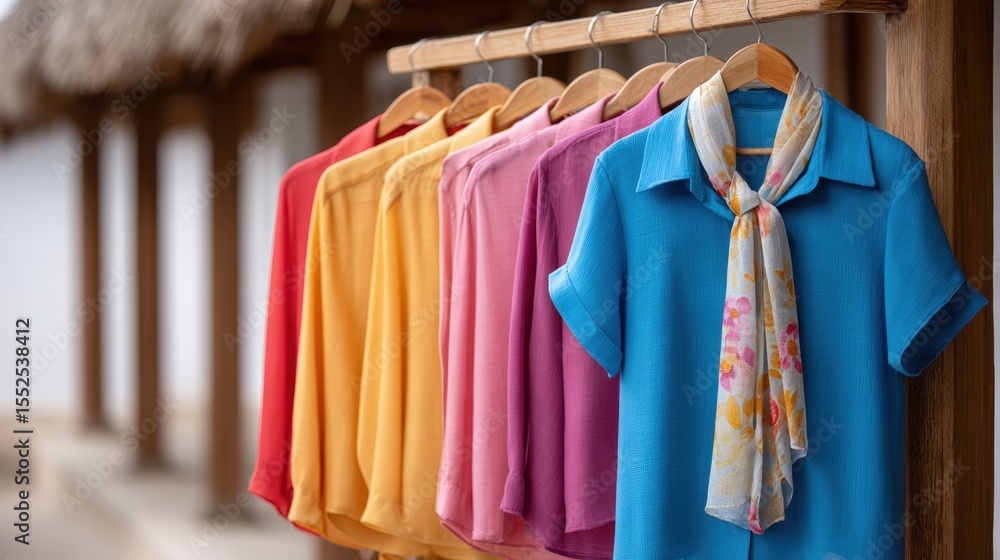 Obraz premium Sustainable tourism and business, Colorful blouses and shirts neatly hung on wooden hangers outside a rustic building with a thatched roof.