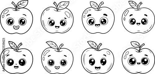 Set of cute apple cartoon line drawing with face outline vector illustration