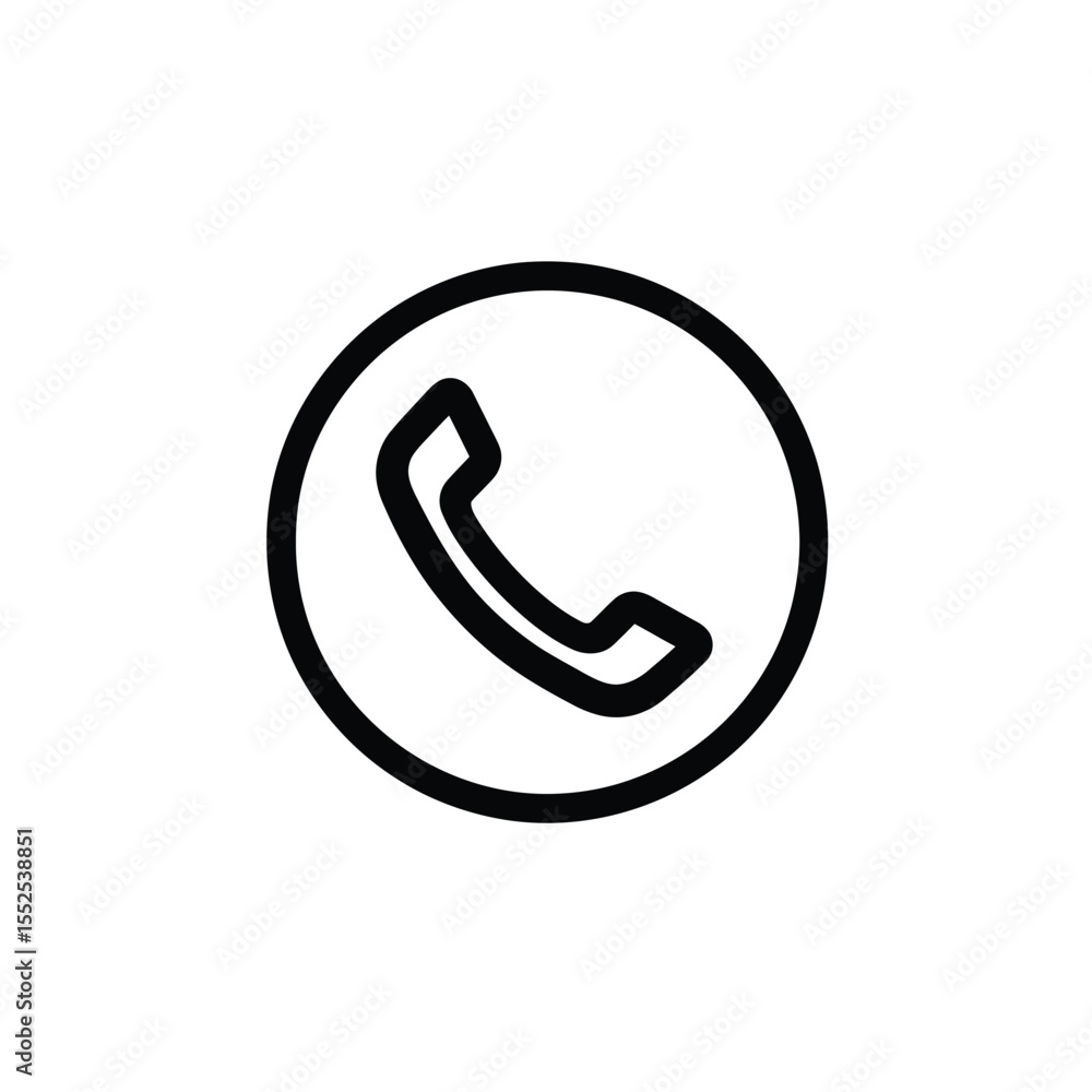 Black Phone Receiver Icon Inside Circle, Line Art, White Background, Minimalist Style Black Phone Receiver Icon Inside Circle, Line Art, White Background, Minimalist Style