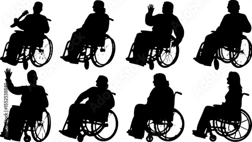 "Generate black-and-white symbolic figures in wheelchairs, posed in straight-on views and arranged in a grid. Show each silhouette doing something unique—playing guitar, waving, cheering, or supportin