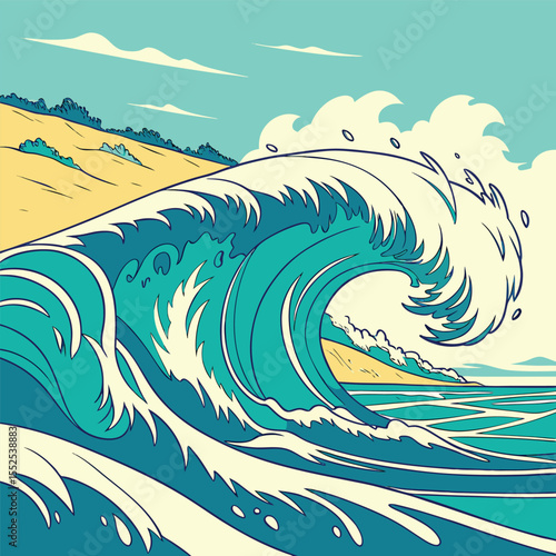 Artistic illustration of a large ocean wave curling with sandy beach and blue sky in a vibrant pop art style