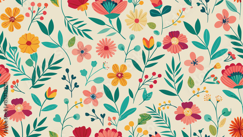 Seamless pattern of colorful flat flowers and leaves on a cream background floral