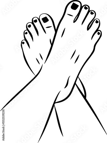 line drawing of crossed female feet with nail polish. vector illustration