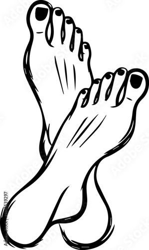 line drawing of crossed female feet with nail polish. vector illustration