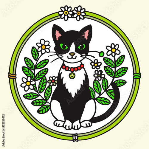 Intricate Embroidery Hoop Art Featuring a Cat Surrounded by Flowers