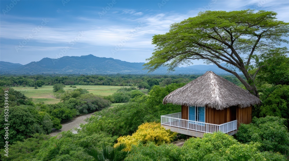 Sustainable tourism and business, A wooden hut with a thatched roof perched on a lush green hillside, overlooking a vast valley and distant mountains under a bright blue sky. Sustainable tourism and business, A wooden hut with a thatched roof perched on a lush green hillside, overlooking a vast valley and distant mountains under a bright blue sky.