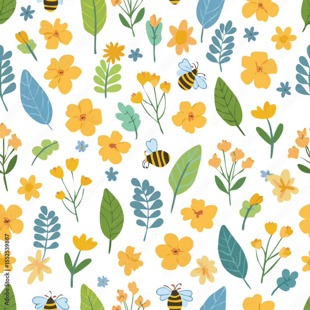 Obraz premium Yellow flowers and bees seamless pattern with blue leaves bumblebee insect