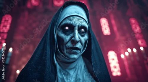 Haunting Gaze: A chilling portrayal of a sinister nun in a dimly lit cathedral, her hollow eyes pierce through the shadows, conjuring a palpable sense of dread and mystery. 