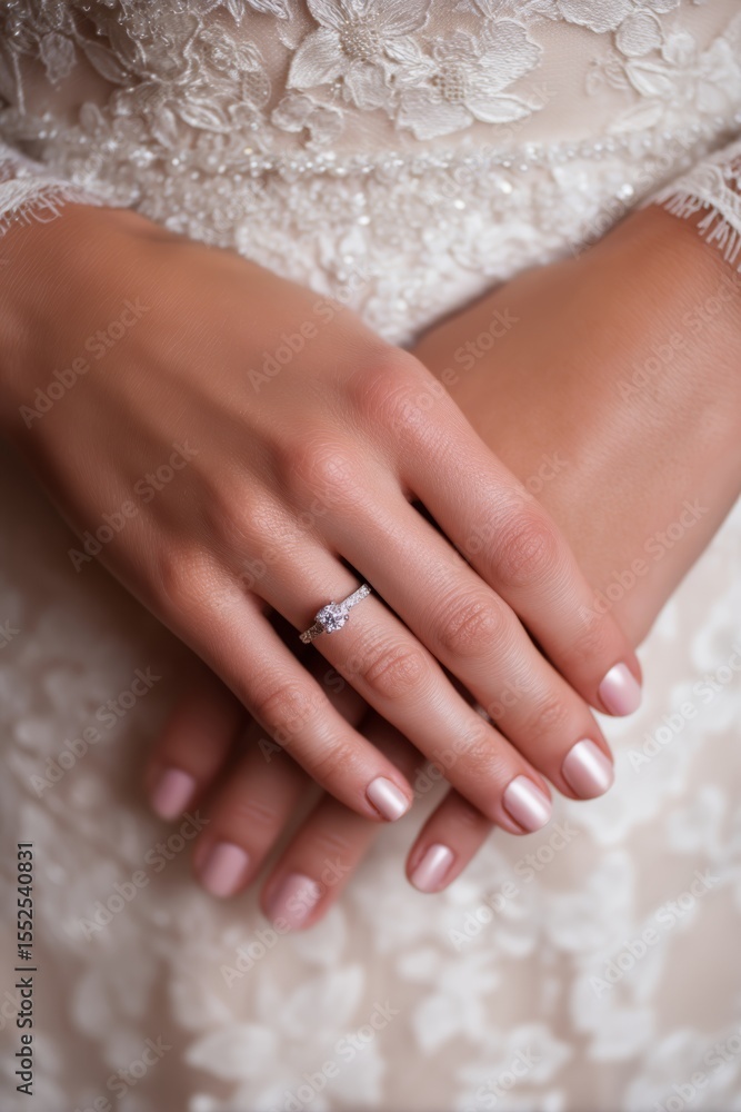 Close-up of a bride's hands displaying an elegant ring against a beautifully detailed wedding dress. Close-up of a bride's hands displaying an elegant ring against a beautifully detailed wedding dress.