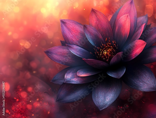 Mystical lotus bloom with bokeh background in shades of crimson and purple