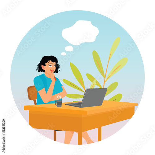 Creative Woman Thinking, Imagining or Creating Ideas at Workplace with Computer.