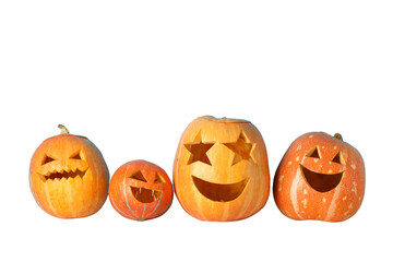 Four cheerful Halloween pumpkins, isolated on white, PNG