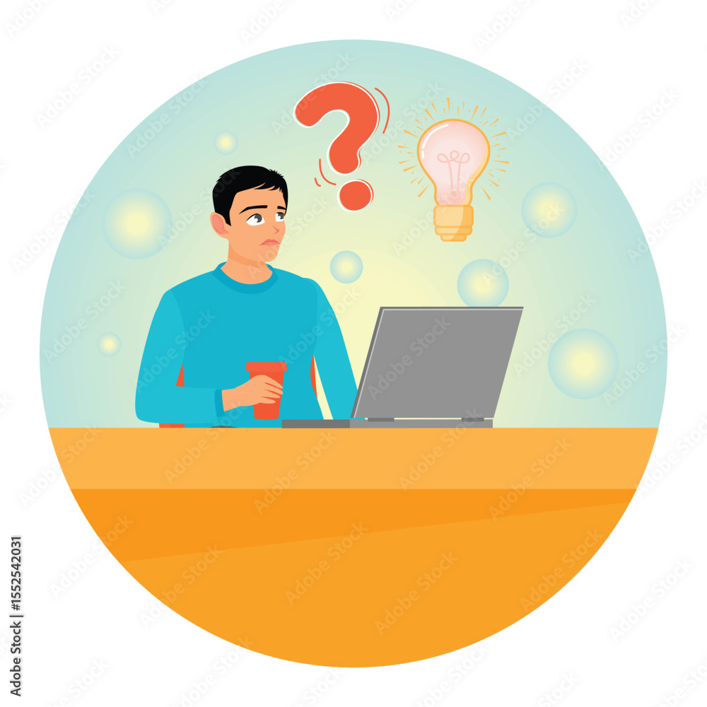 A Thoughtful Man Sitting at a Desk with a Laptop, Pondering Ideas with Question Mark and Lightbulb. A Thoughtful Man Sitting at a Desk with a Laptop, Pondering Ideas with Question Mark and Lightbulb.