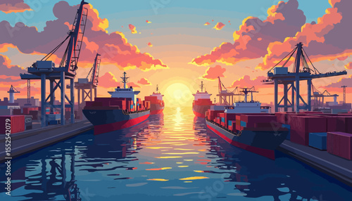 Harbor scene at sunset featuring cargo ships and cranes, reflecting in water.