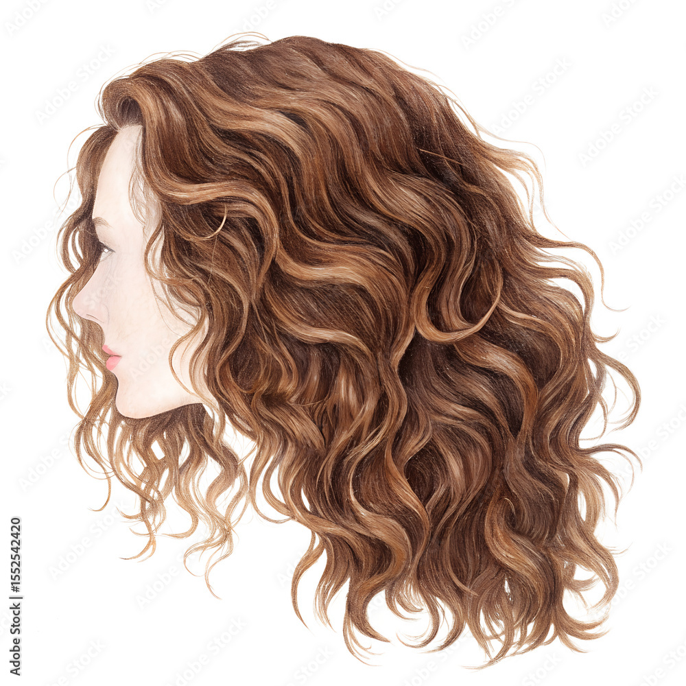 Naklejka premium Watercolor Portrait of a Woman with Long Wavy Hair on Transparent Background