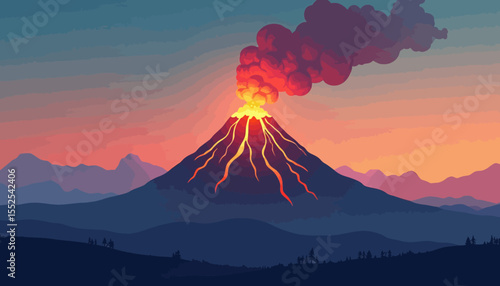 A vibrant illustration of a volcano erupting with fiery lava and smoke, set against a colorful sunset.