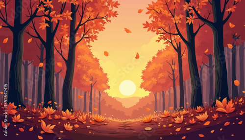 Autumn scene with trees lining a path, leaves falling, and a bright sun setting in the distance.